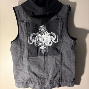 Rude Grey Denim Hooded Vest Graphic Back Streetwear Size Small